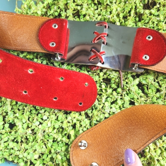 Vtg Lace Up JEWEL CASE Red Suede Leather Silver Cross Tie Easy Back Closure Belt - Picture 2 of 16